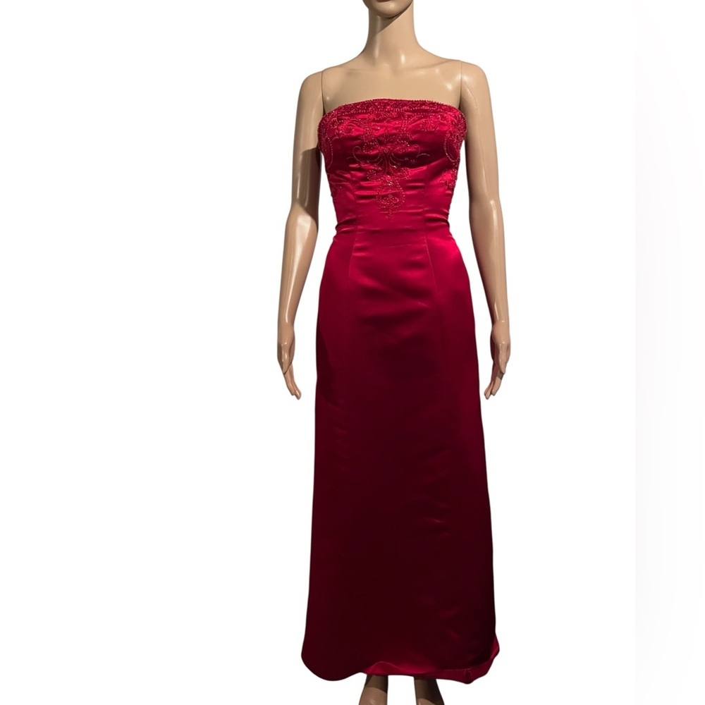 Vtg 90s Y2K Bill Levkoff Strapless Column Gown Beaded Prom Homecoming Red 0